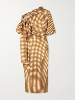 Bernadette Gingham Tie-Neck Midi Dress in Camel White